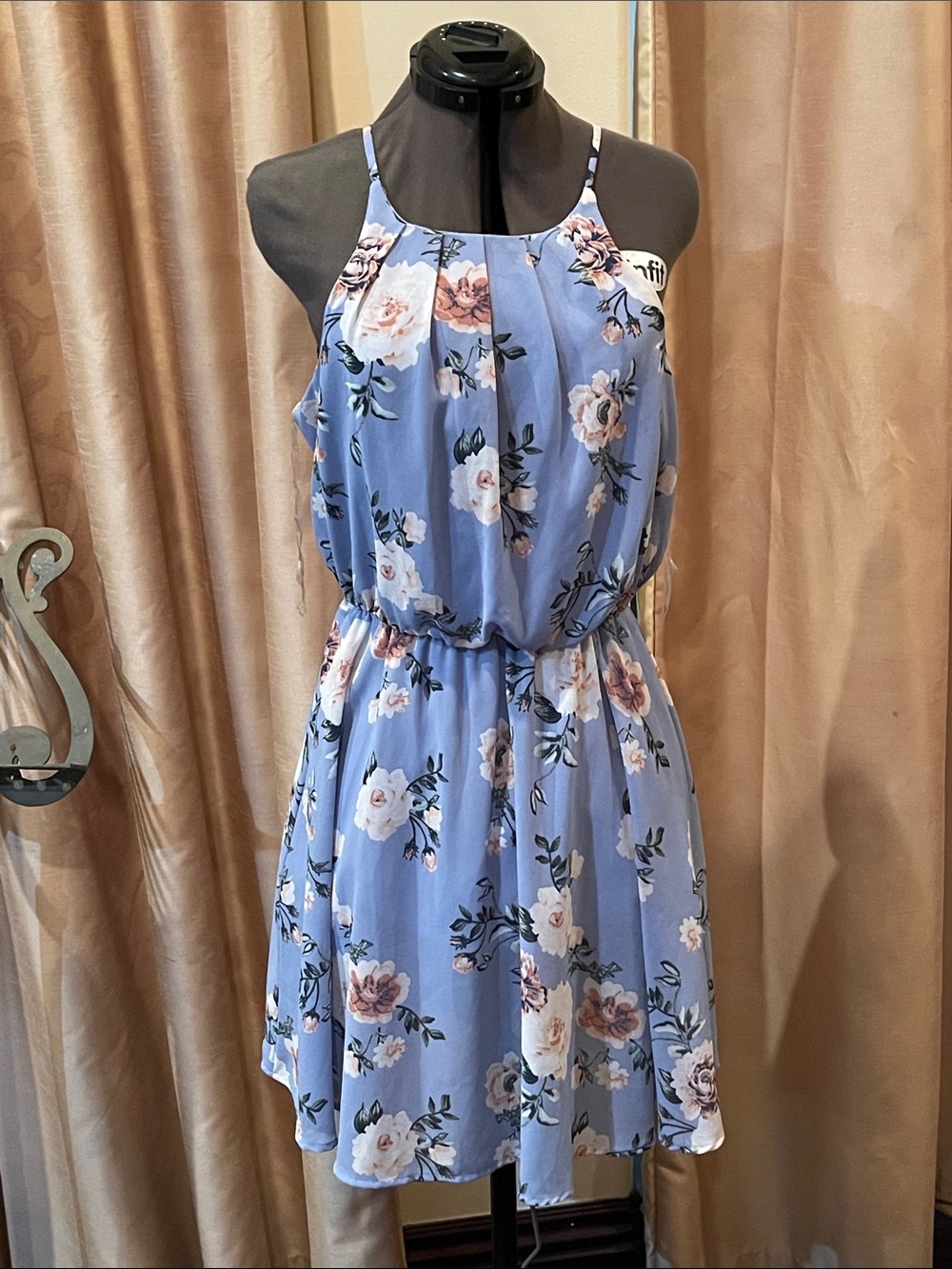 Blue Rain Light Blue Floral Halter Sun Dress Midi (L)